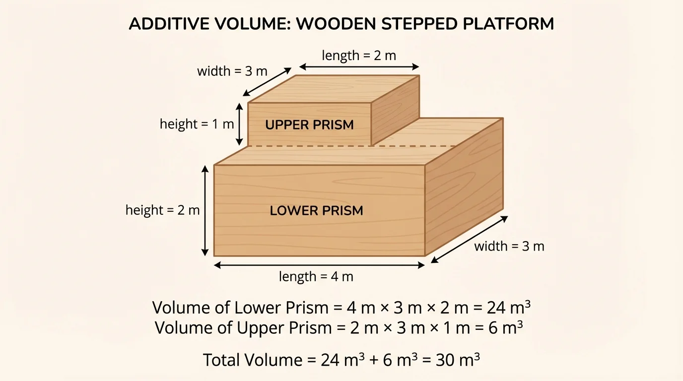 Wooden stepped storage platform built from two rectangular prisms with side lengths labeled