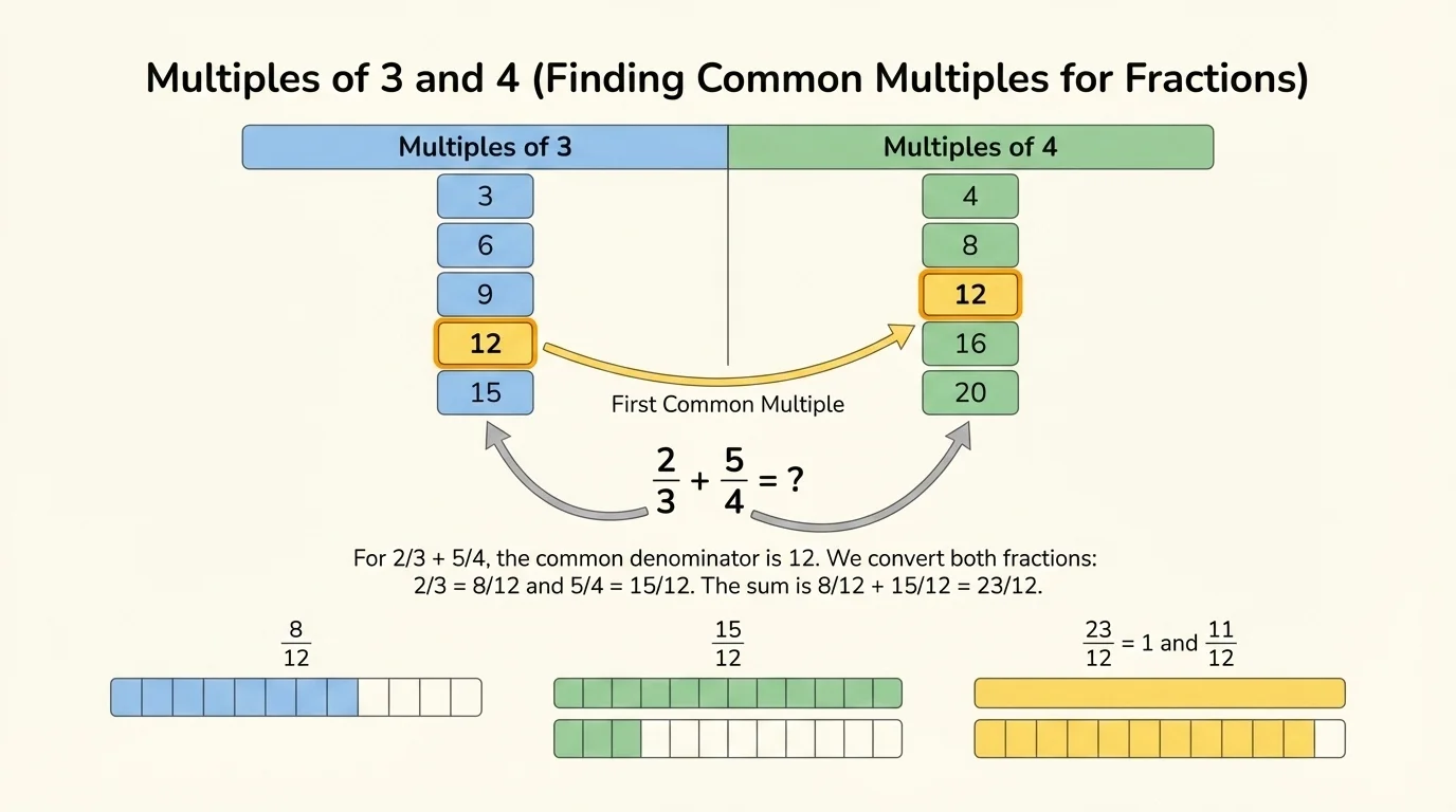 chart of multiples of 4 and 6 with 12 highlighted as the first common multiple