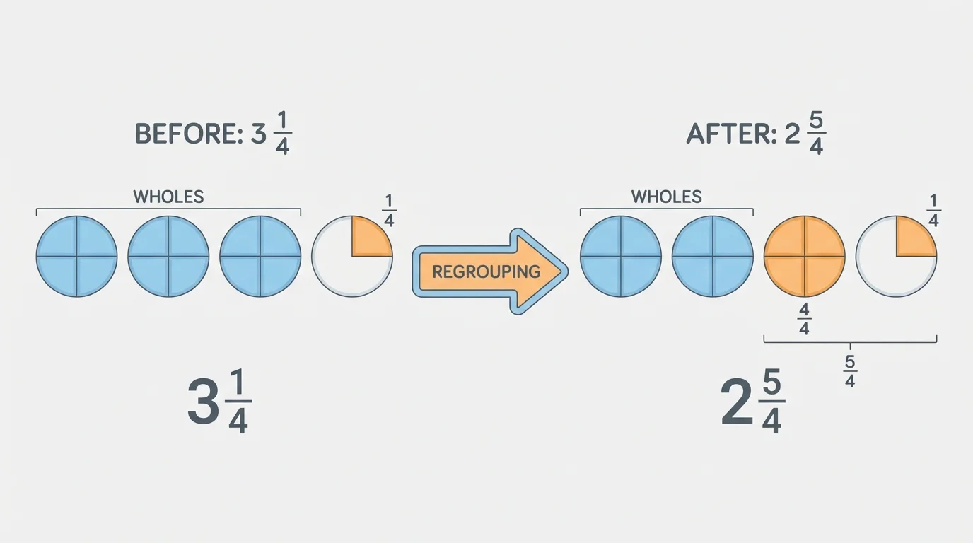 mixed-number regrouping with three wholes and one fourth, then one whole split into fourths to make two wholes and five fourths