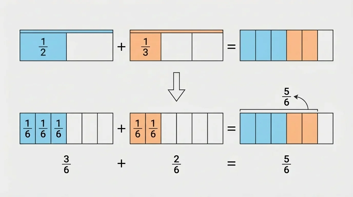 fraction bars comparing one-half and one-third, then both rewritten as sixths with equal-sized parts labeled