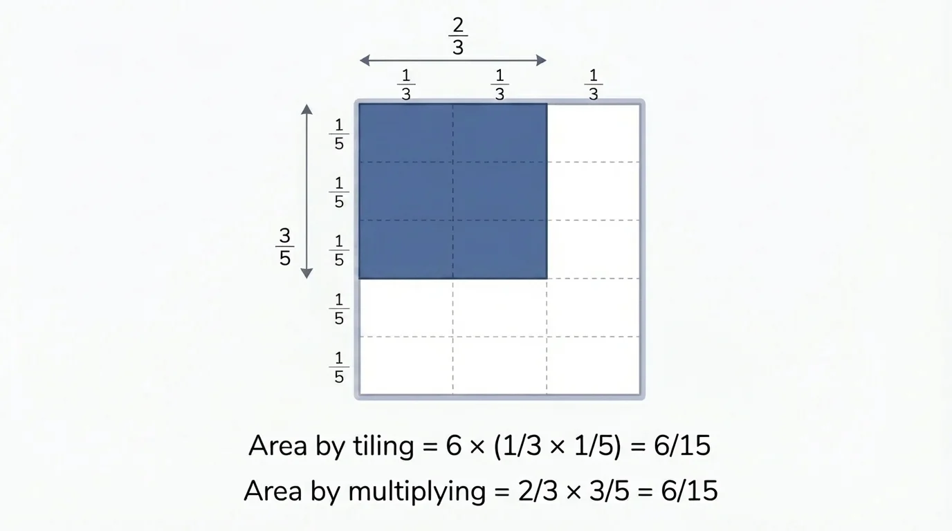 Unit rectangle split into thirds and fifths with overlap shaded to represent two thirds times three fifths