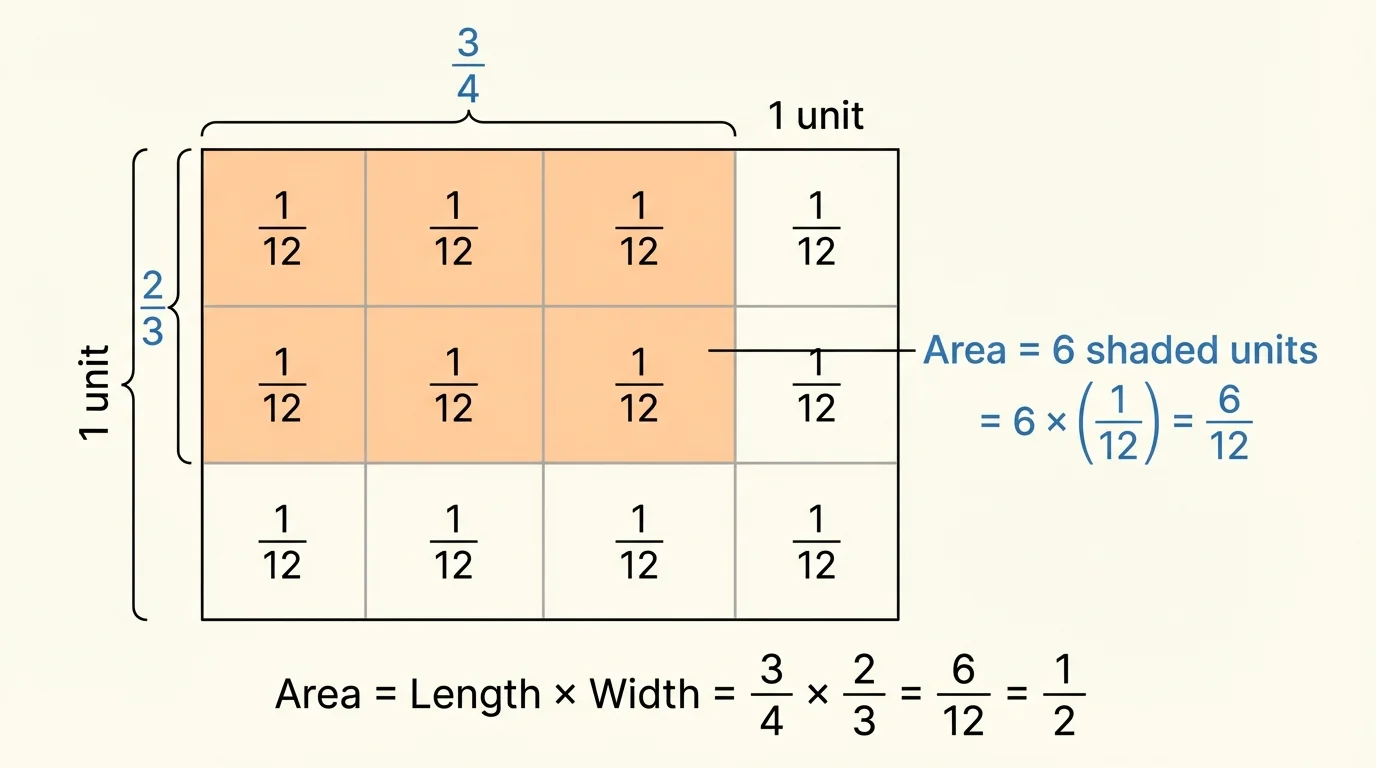 Fraction rectangle with side lengths three fourths and two thirds partitioned into twelfths, shaded to show six small rectangles