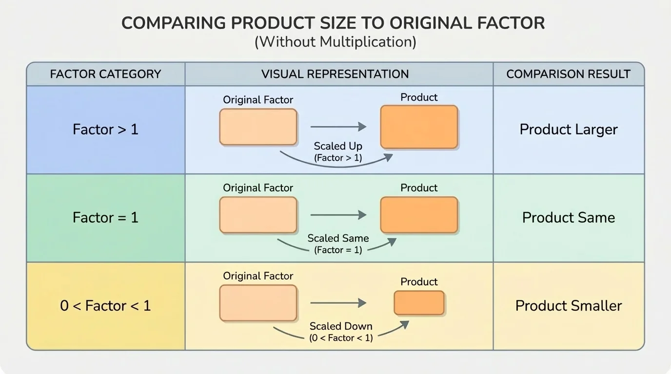 Simple comparison chart with rows for factor greater than one, equal to one, and between zero and one, showing product larger, same, or smaller than the original factor