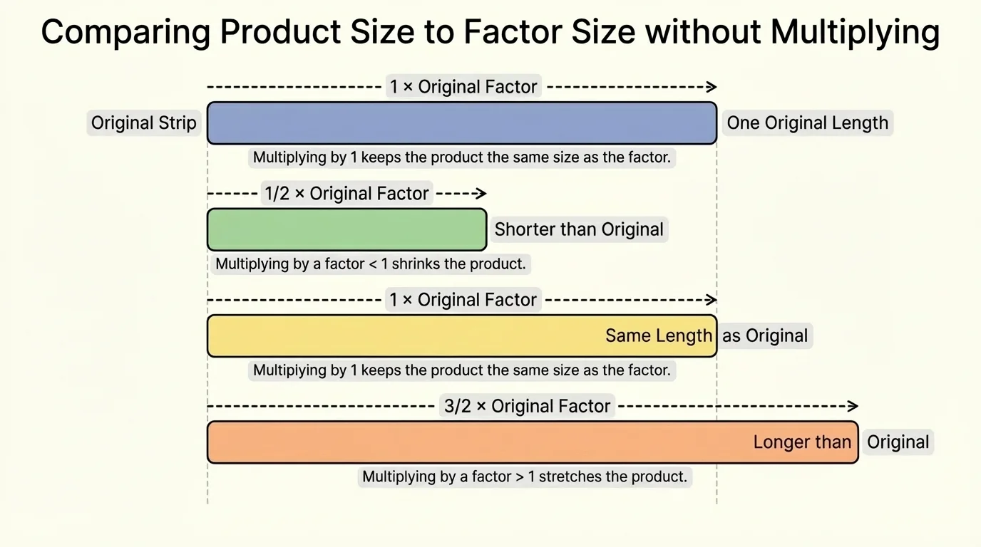 Bar model showing one original strip and three scaled copies labeled by factors one-half, one, and three-halves, with shorter, same, and longer lengths