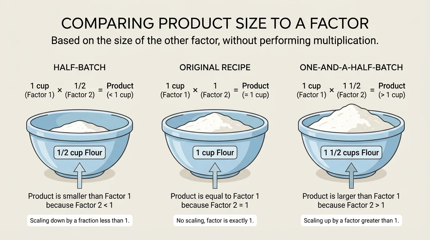 Recipe scaling scene with one cup flour as original amount, a half-batch amount smaller, and a one-and-a-half-batch amount larger