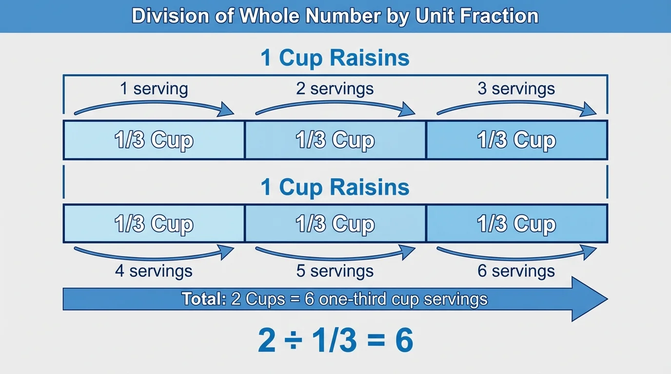 two equal bars representing 2 cups, each partitioned into 3 equal thirds, with all 6 one-third sections counted