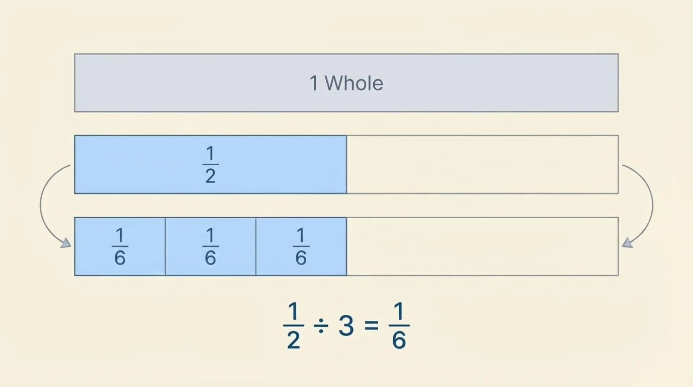 fraction strip showing one whole, one-half shaded, and that half partitioned equally into 3 parts to show each share as one-sixth