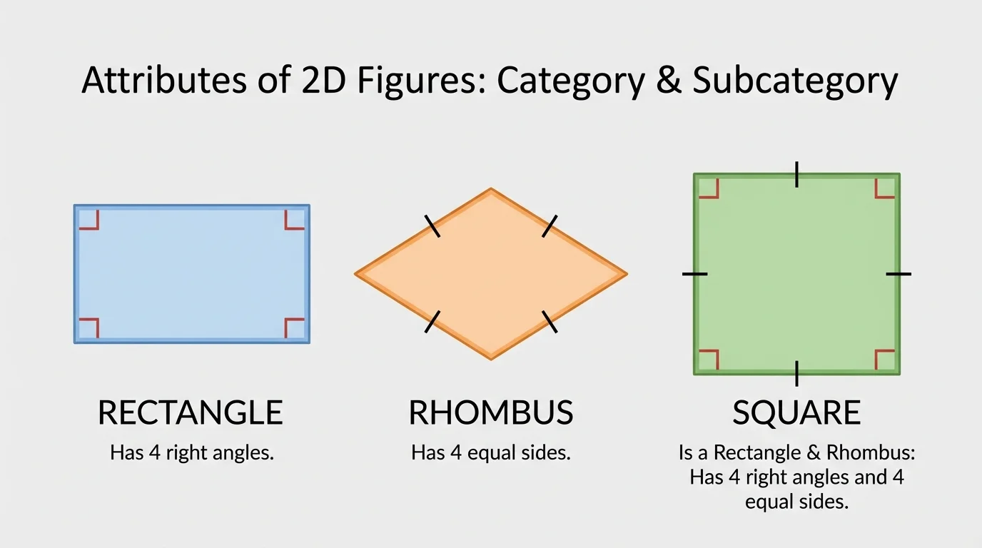 side-by-side labeled shapes of a rectangle, rhombus, and square with angle marks and side tick marks showing the rectangle has four right angles, the rhombus has four equal sides, and the square has both