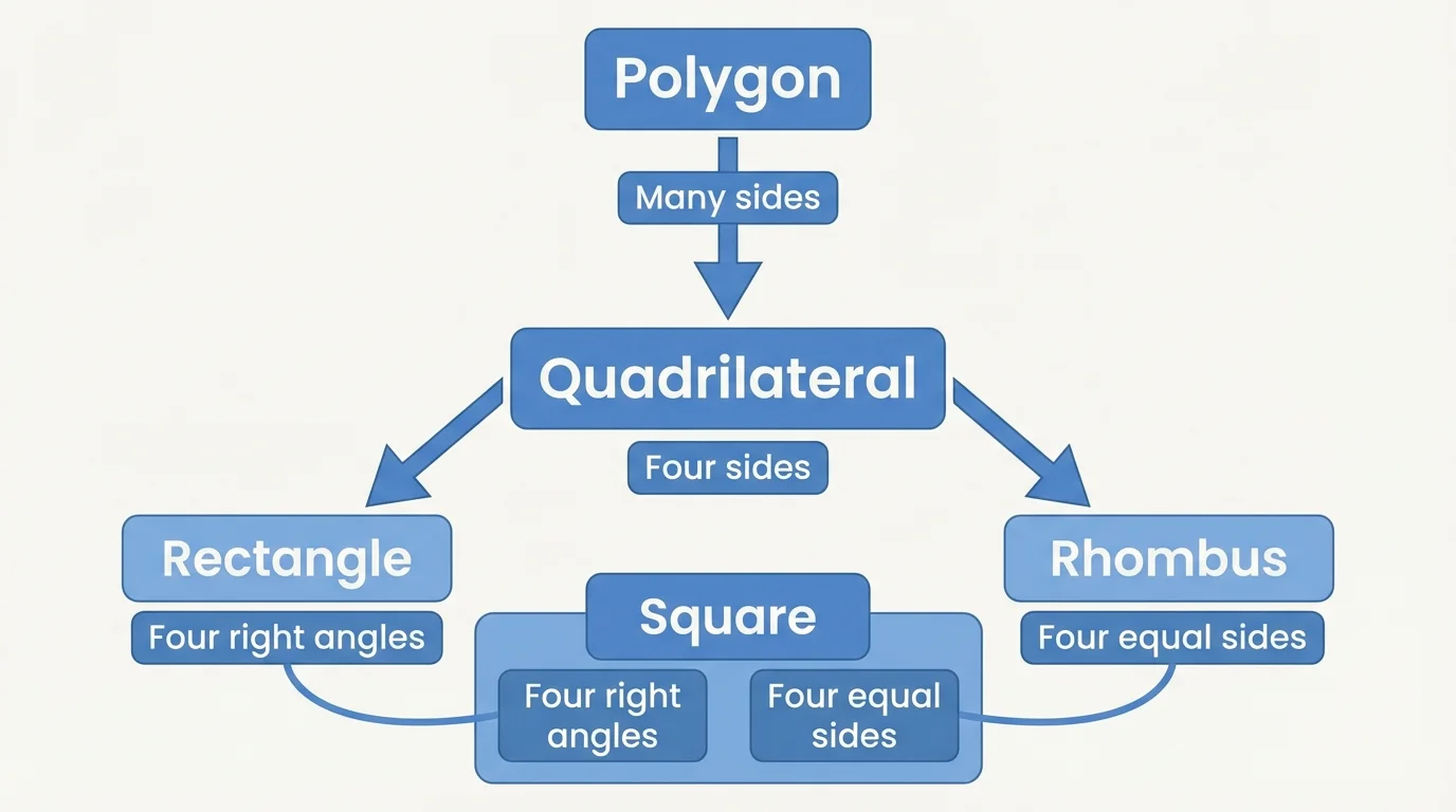 classification tree of two-dimensional figures showing polygon at top, quadrilateral below it, rectangle and rhombus branching from quadrilateral, and square placed where rectangle and rhombus overlap, with simple property labels like four sides, four right angles, and four equal sides
