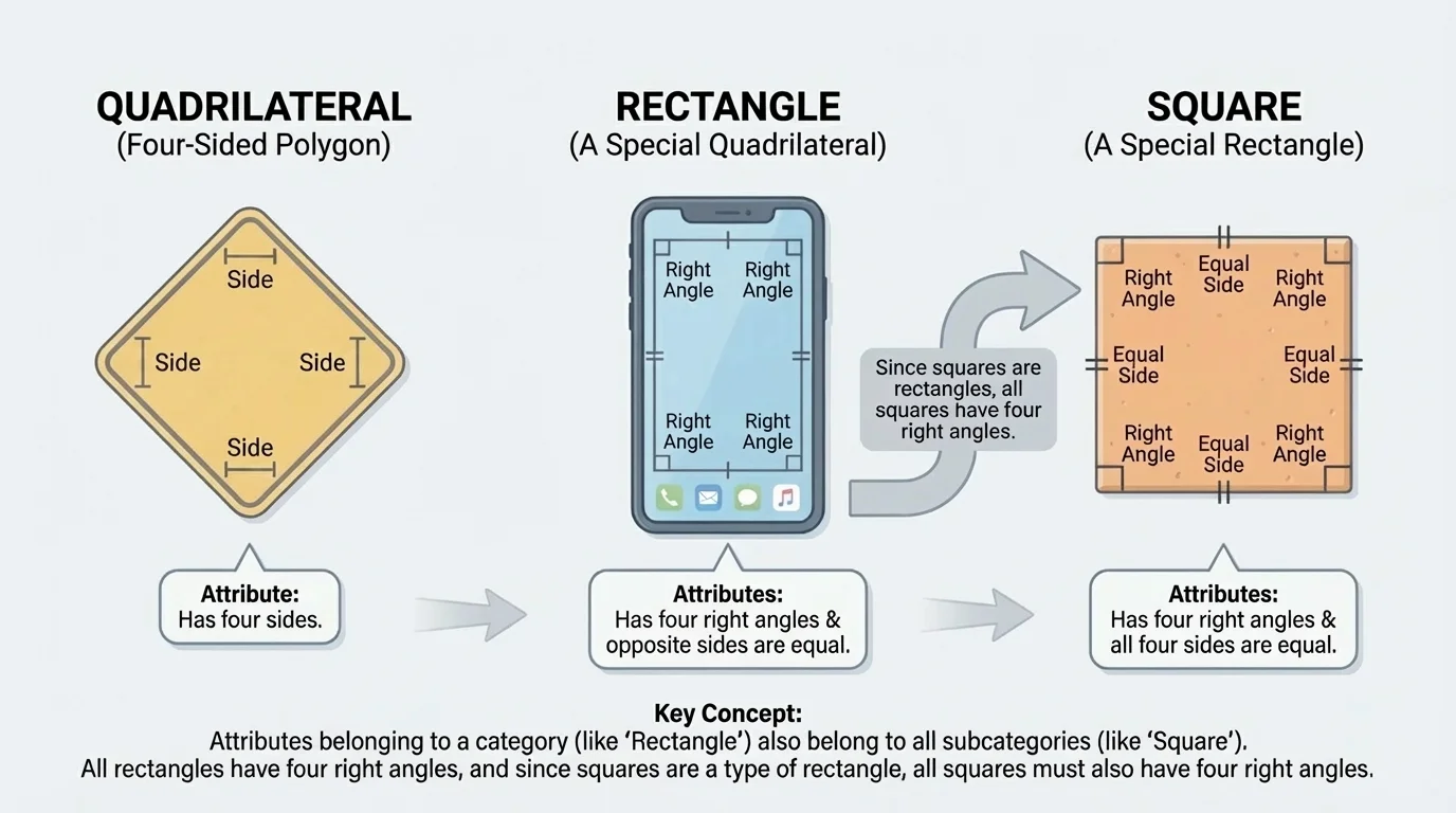 everyday objects including a square floor tile, a rectangular phone screen, and a four-sided sign shape, each matched with its geometric category labels