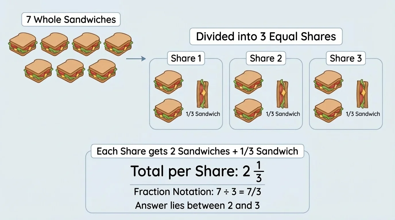 Seven sandwiches grouped into three equal shares, each share showing two whole sandwiches and one third of a sandwich