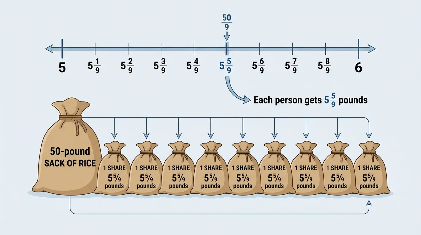 A number line from 5 to 6 marking the point for fifty ninths, alongside a sack of rice split into nine equal portions