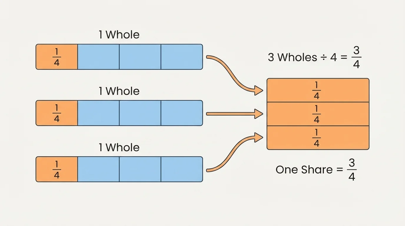 Three identical bars each split into four equal parts, with one share collecting one fourth from each bar for a total of three fourths