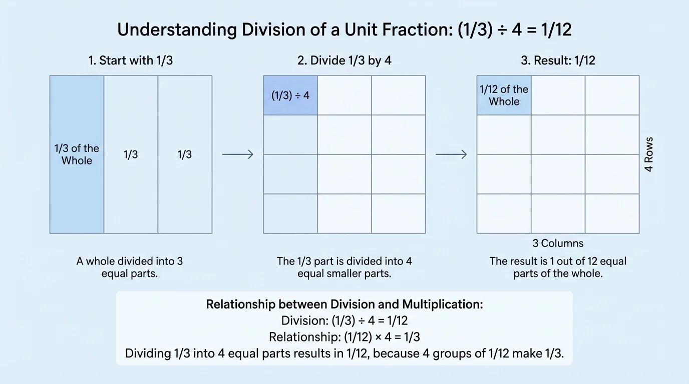 Diagram of a rectangle first divided into 3 equal columns, then each column divided into 4 equal rows, showing 12 equal parts and one small part shaded