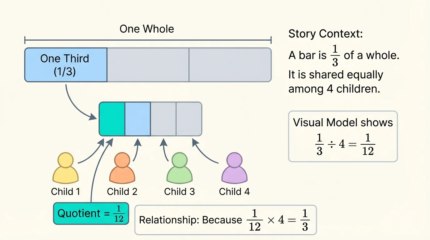 Illustration of one whole bar split into 3 equal parts, with one third highlighted and then that third shared equally among 4 children