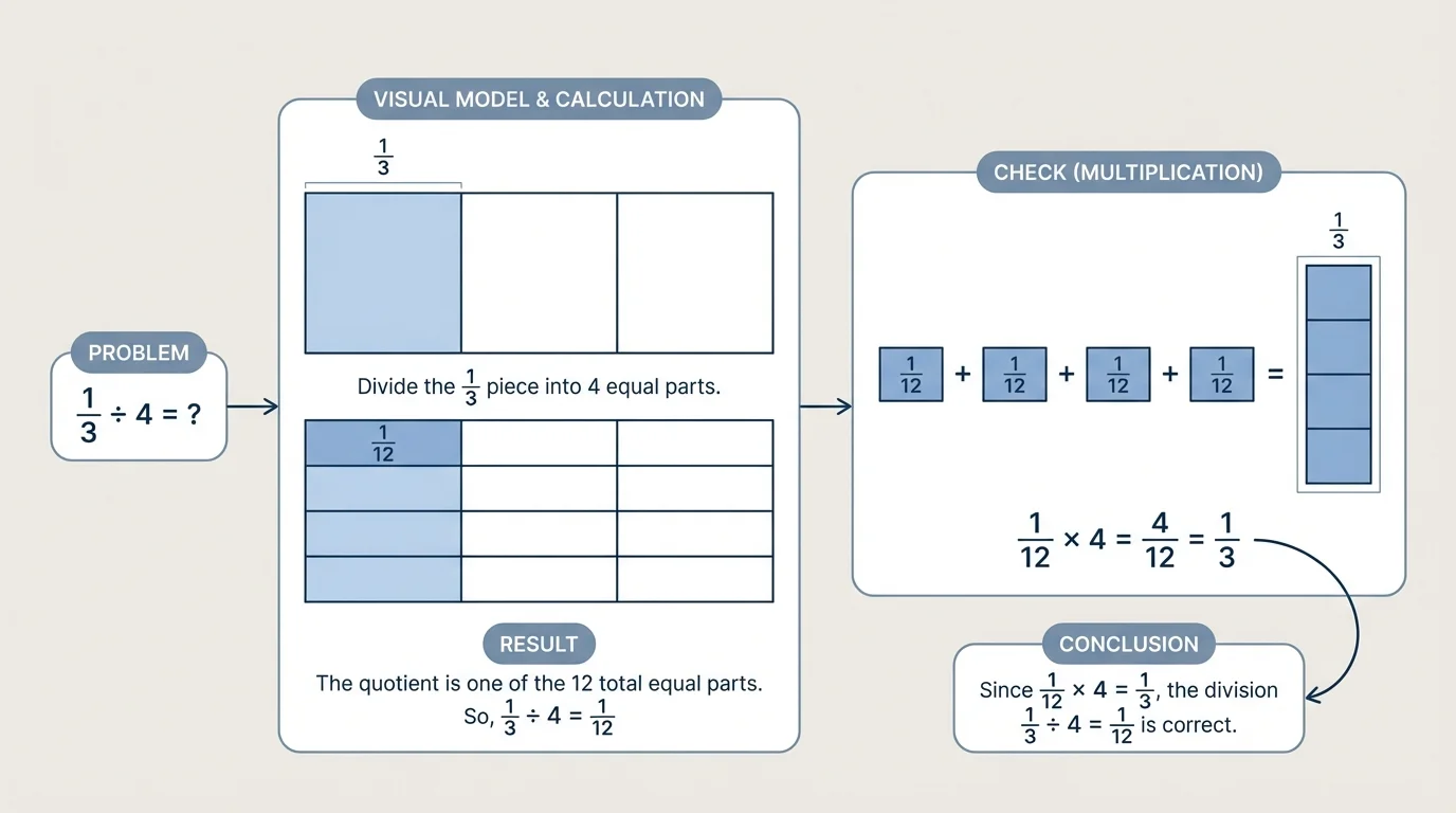 Flowchart showing division statement one third divided by 4 equals one twelfth and check statement one twelfth times 4 equals one third