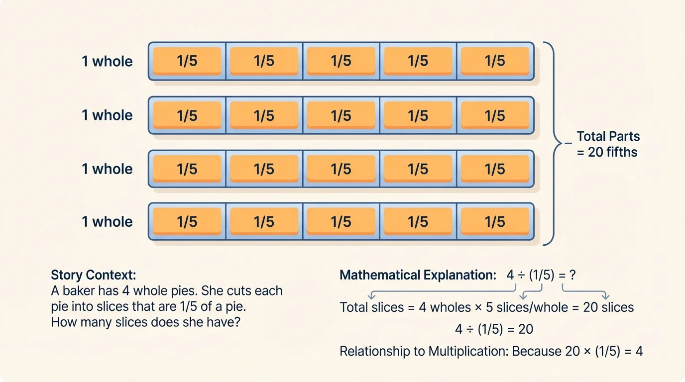 Four equal bars labeled 1 whole each, each bar divided into 5 equal parts, all 20 fifth-size parts highlighted for counting