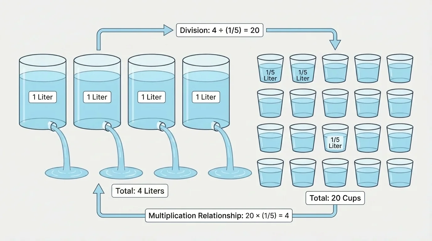 Four large containers labeled 1 liter each and many small cups labeled one-fifth liter being filled, totaling 20 cups