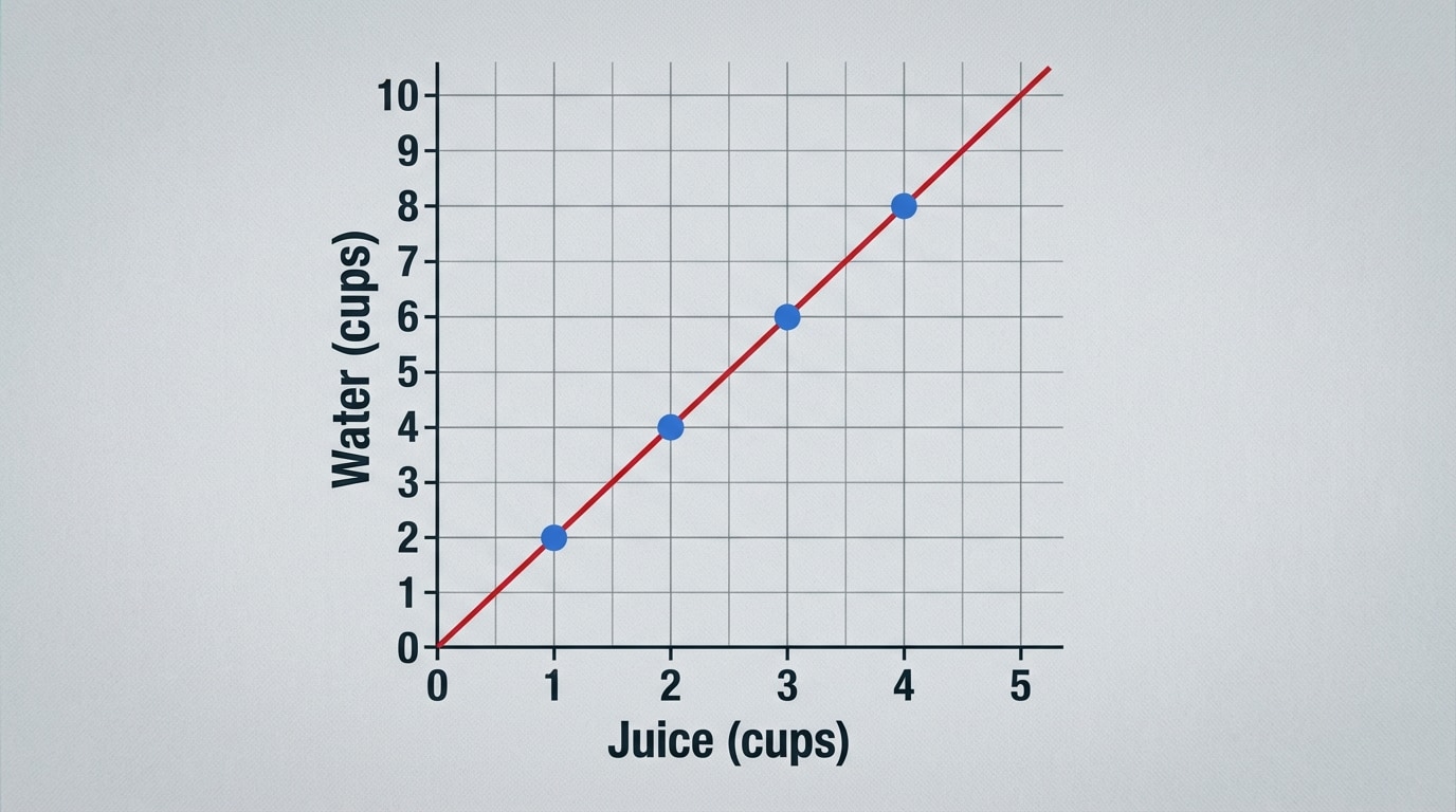 Coordinate plane with x-axis labeled “Juice (cups)” and y-axis labeled “Water (cups),” plotting points (1,2), (2,4), (3,6), (4,8) forming a straight line through (0,0).