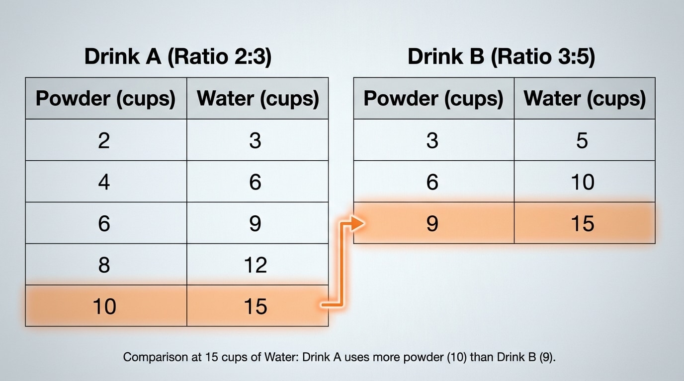 Two side-by-side ratio tables, one for Drink A (2:3 scaled to 10:15) and one for Drink B (3:5 scaled to 9:15), with 15 cups of water aligned in both tables and powder amounts highlighted for comparison.