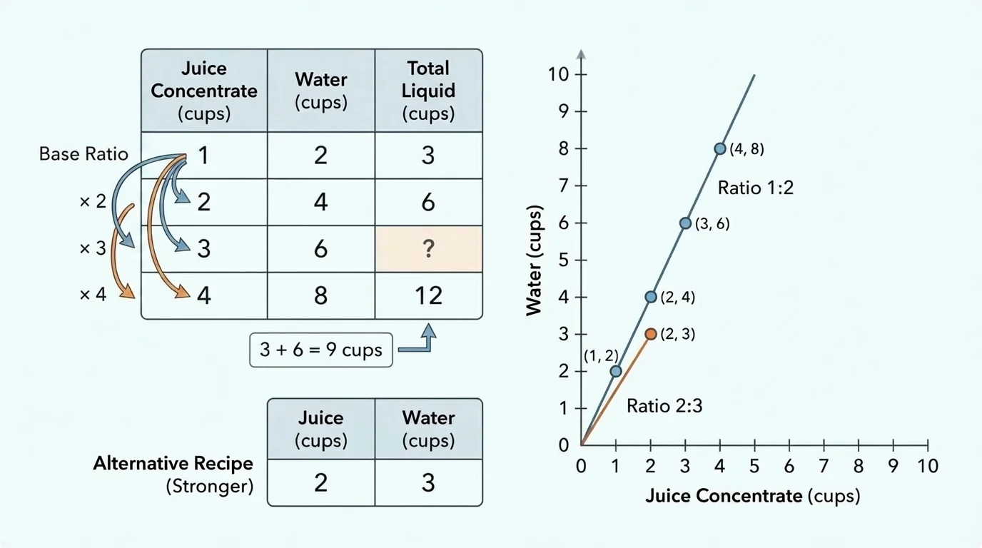chart showing a ratio table for juice concentrate and water with arrows indicating multiplication by 2, 3, and 4