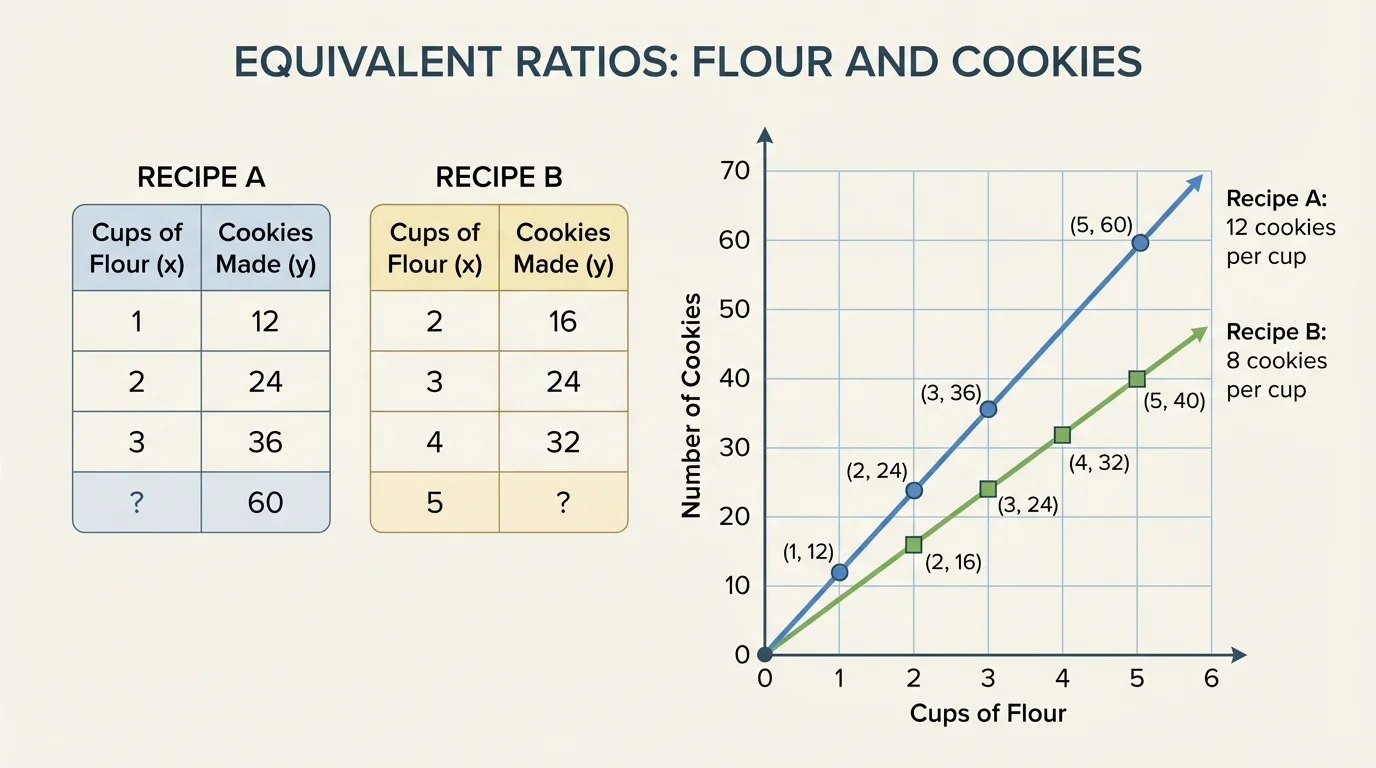 graph with points for cups of flour and cookies made, including the origin and several labeled ordered pairs on a straight line