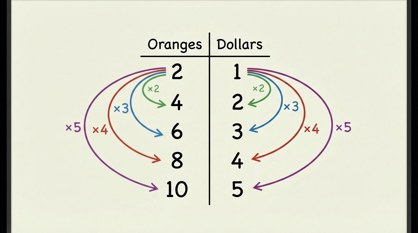 A two-column ratio table labeled “Oranges” and “Dollars,” with rows (2,1), (4,2), (6,3), (8,4), (10,5), and arrows or notes showing each row is made by multiplying both numbers of 2:1 by the same factor.
