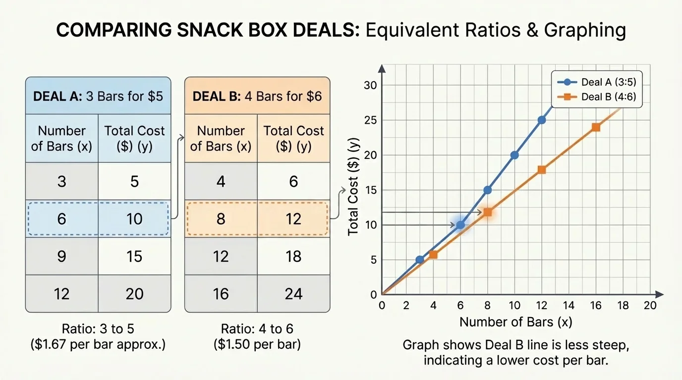 chart comparing two snack box deals with tables showing number of bars and total cost for each deal