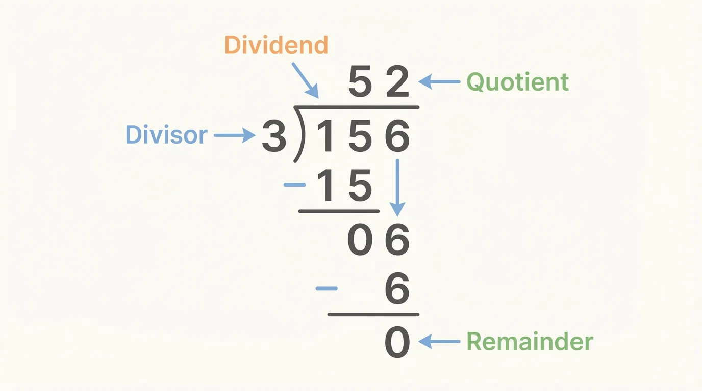 diagram of a long-division setup with 156 divided by 3, labels for divisor, dividend, quotient, and arrows to each step