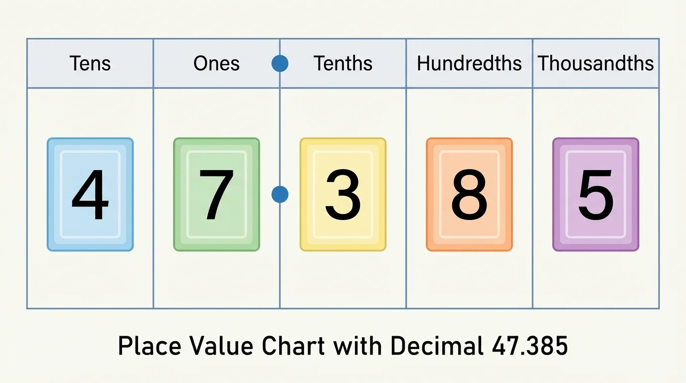 Place value chart labeled tens, ones, tenths, hundredths, thousandths with the number 47.385 placed in the chart and each digit highlighted