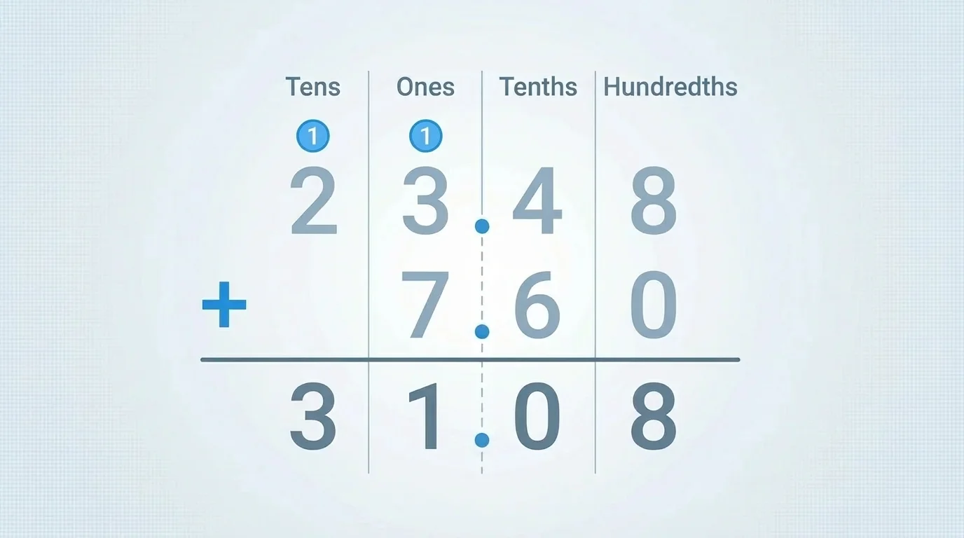 Vertical decimal addition of 23.48 and 7.60 with decimal points aligned and a regrouping mark above the ones column
