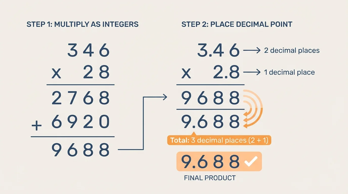 Decimal multiplication of 3.46 times 2.8 shown first as 346 times 28, with the three total decimal places highlighted and the final product 9.688 marked