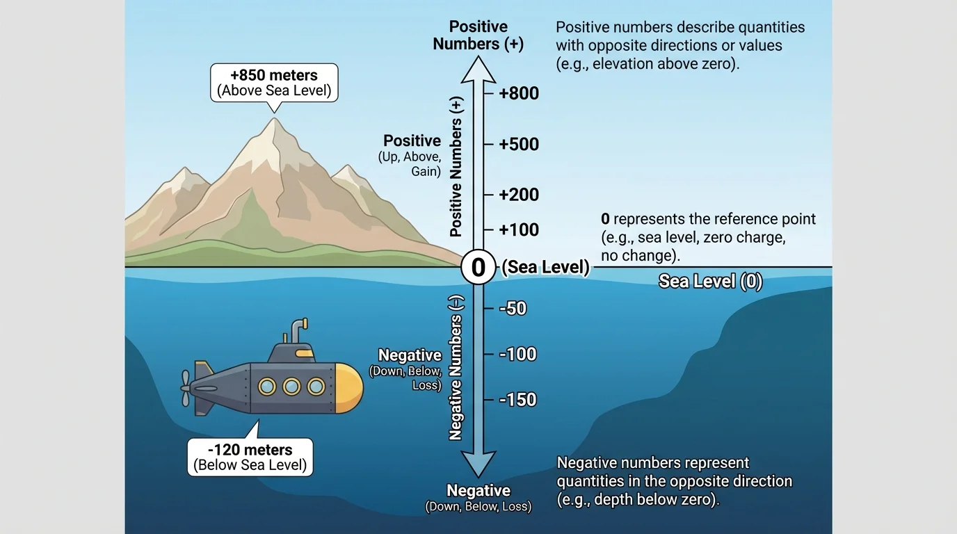 Landscape cross-section with sea level line, a mountain at +850 meters, and a submarine at -120 meters