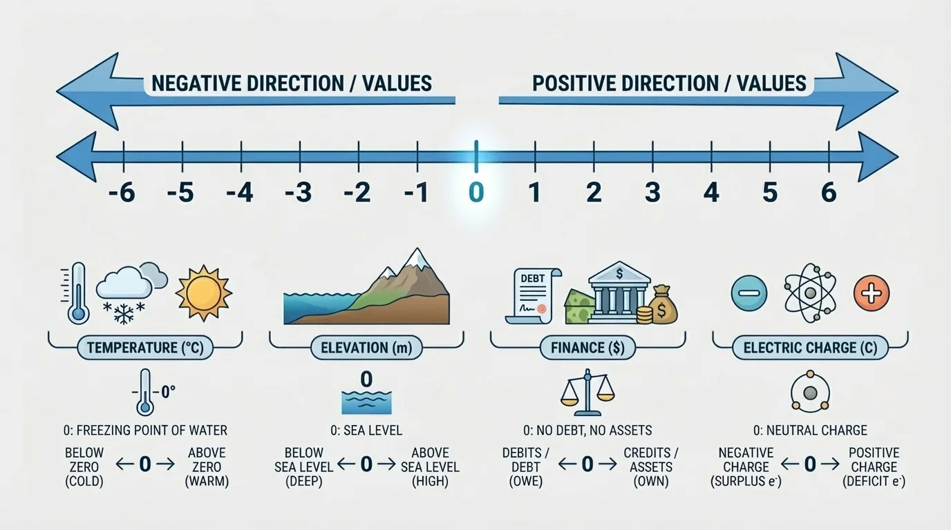 Horizontal number line labeled from -6 to 6 with arrows showing movement left for negative and right for positive