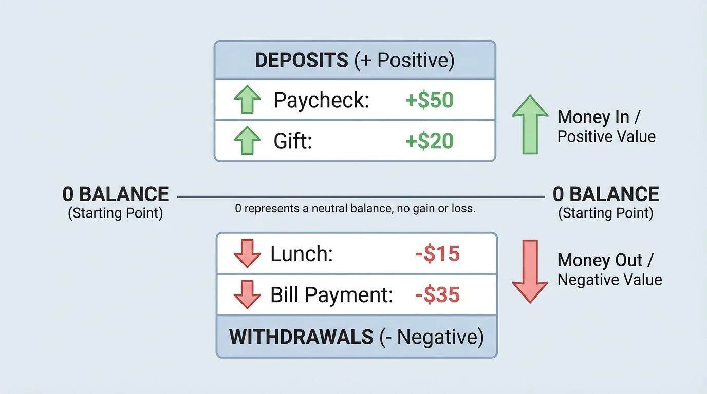 Simple bank ledger chart with deposits labeled positive and withdrawals labeled negative around a zero balance line