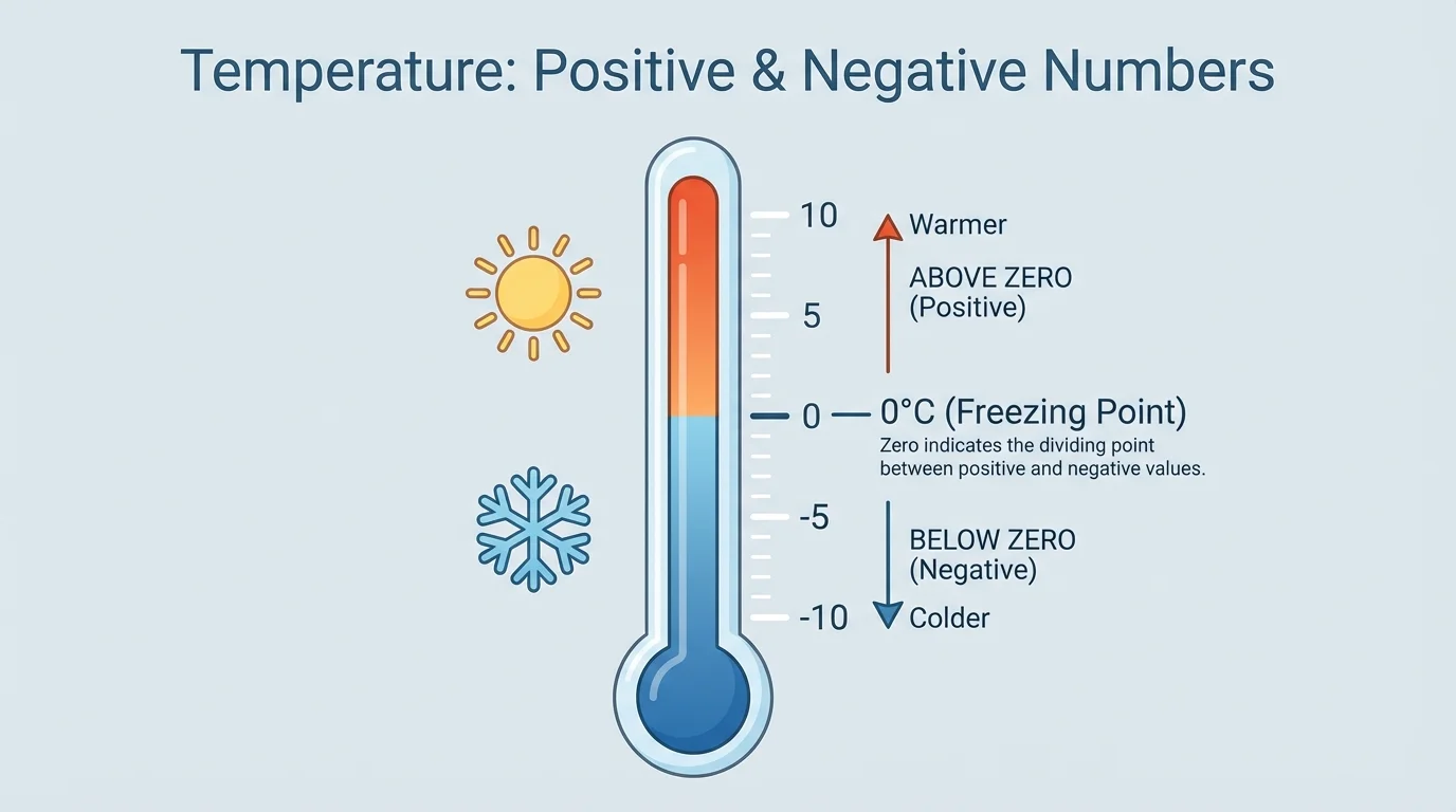 Vertical thermometer with marked temperatures -10, -5, 0, 5, and 10 showing colder values below 0 and warmer values above 0