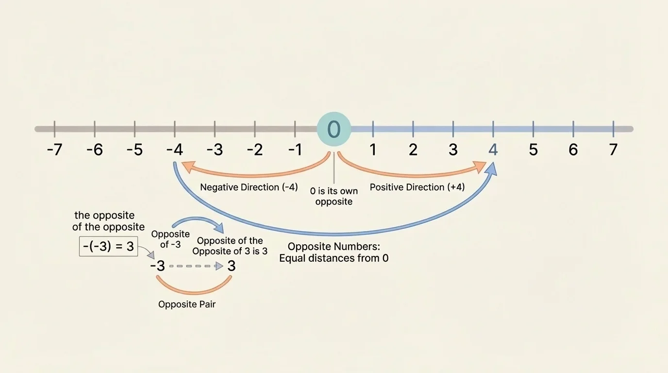 Number line with 0 in the center and opposite pairs such as -4 and 4 marked equal distances from 0