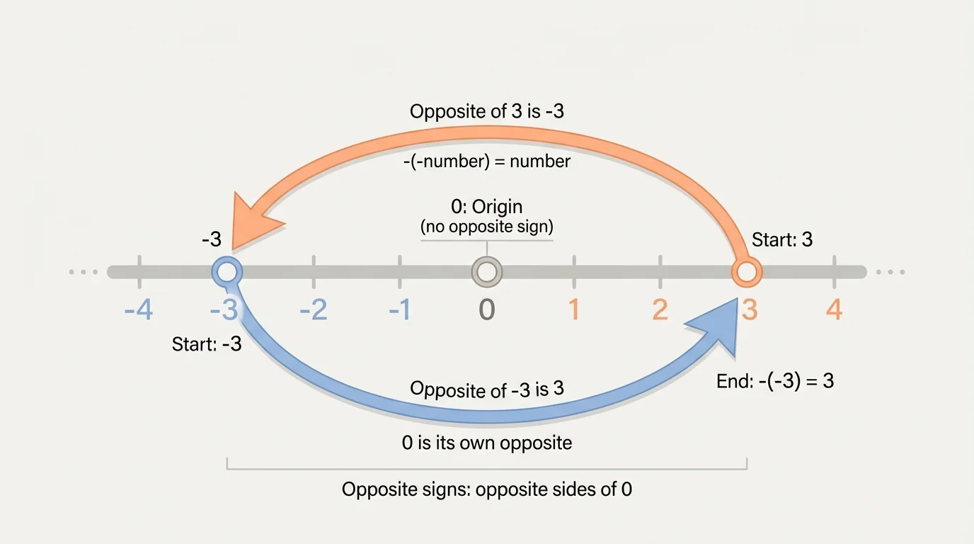 Number line arrows showing 3 to -3 and then -3 back to 3 to illustrate taking the opposite twice
