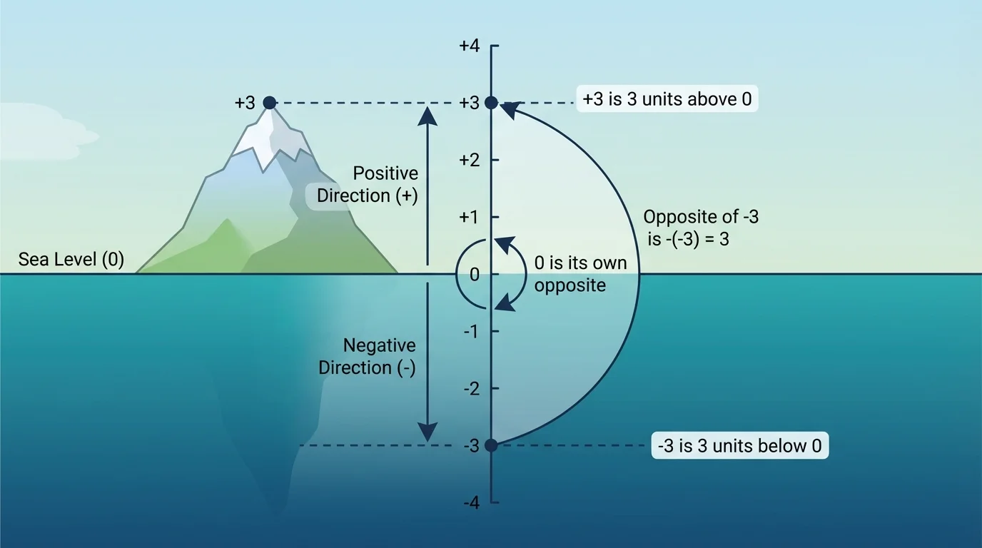 Elevation diagram with sea level at 0 and locations above and below it labeled with positive and negative values