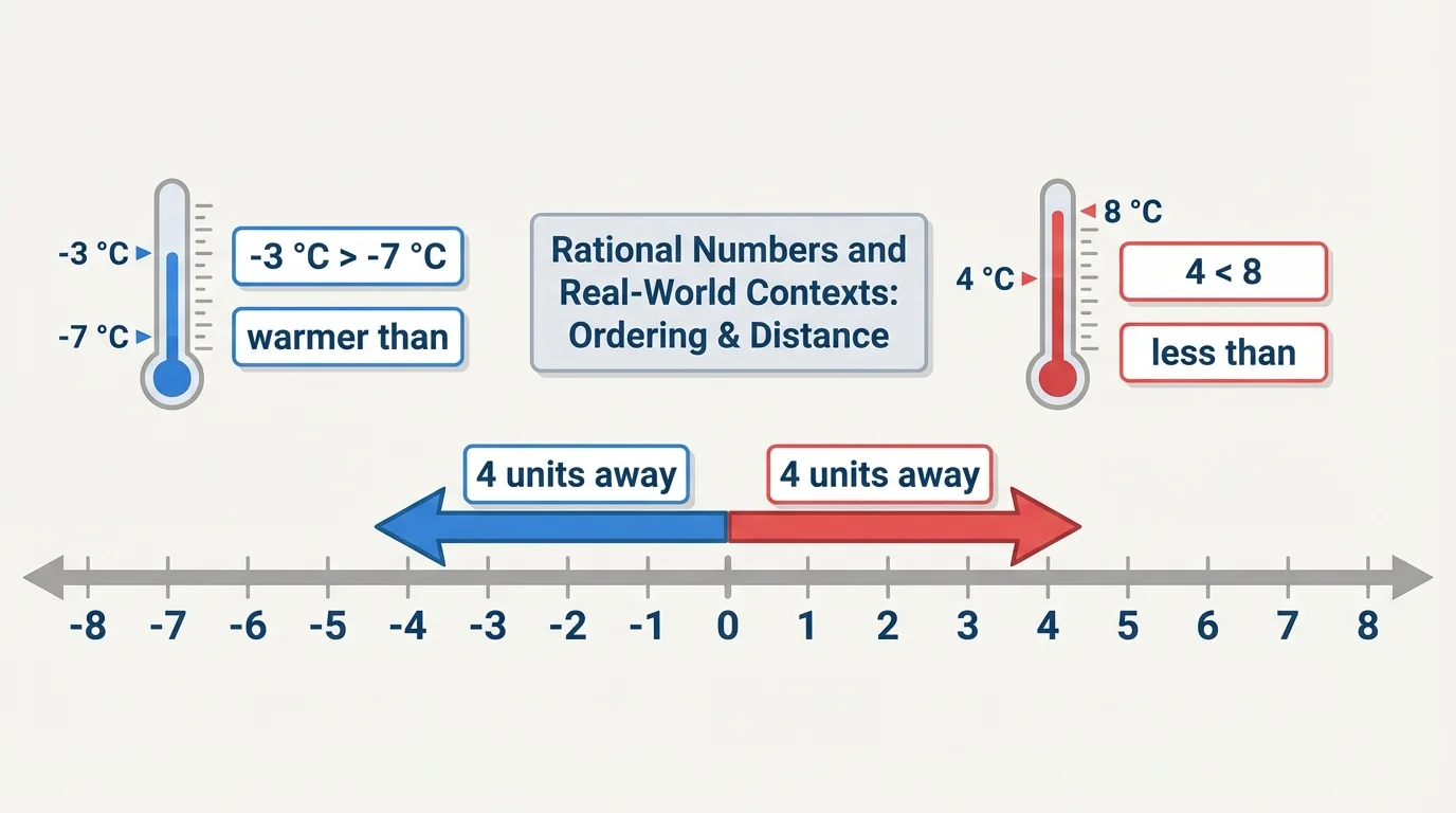 Number line centered at 0 with equal arrows from 0 to -4 and from 0 to 4 showing both are 4 units away