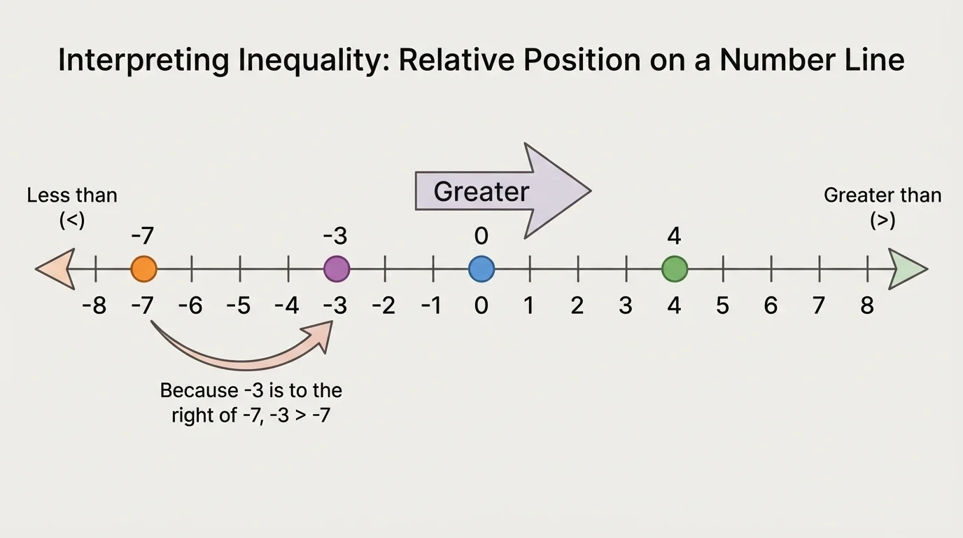 horizontal number line from -8 to 8 with arrows showing left and right, points marked at -7, -3, 0, and 4, with -3 clearly to the right of -7