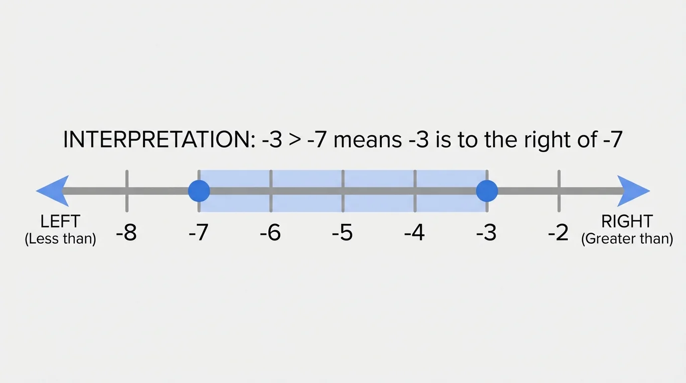 zoomed number line with highlighted points at -7 and -3, shaded segment between them, arrows labeling left and right, showing -3 to the right of -7