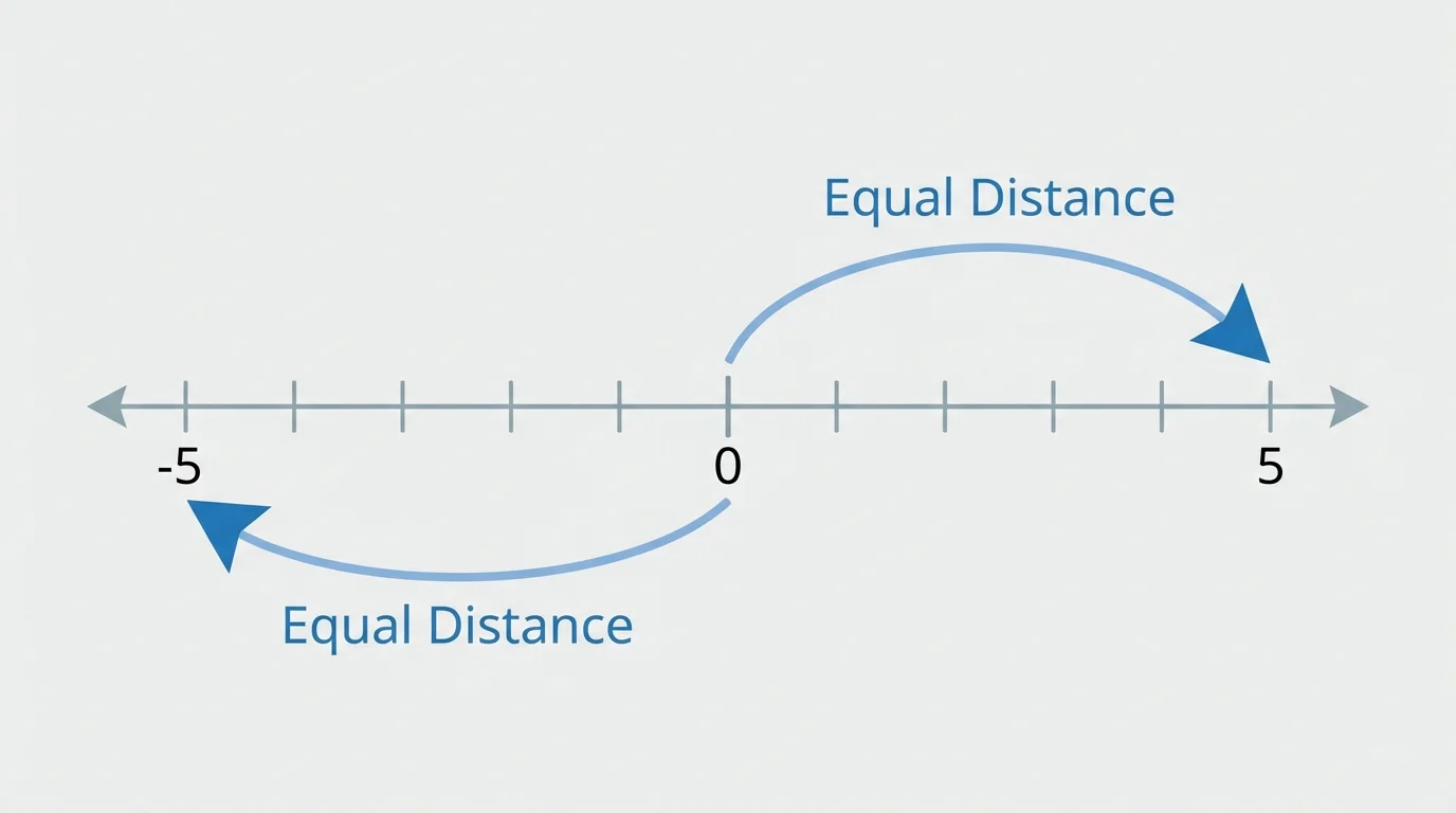 number line centered at 0 with points at -5 and 5 equally spaced from 0, matching arrows from 0 to each point to show equal distance