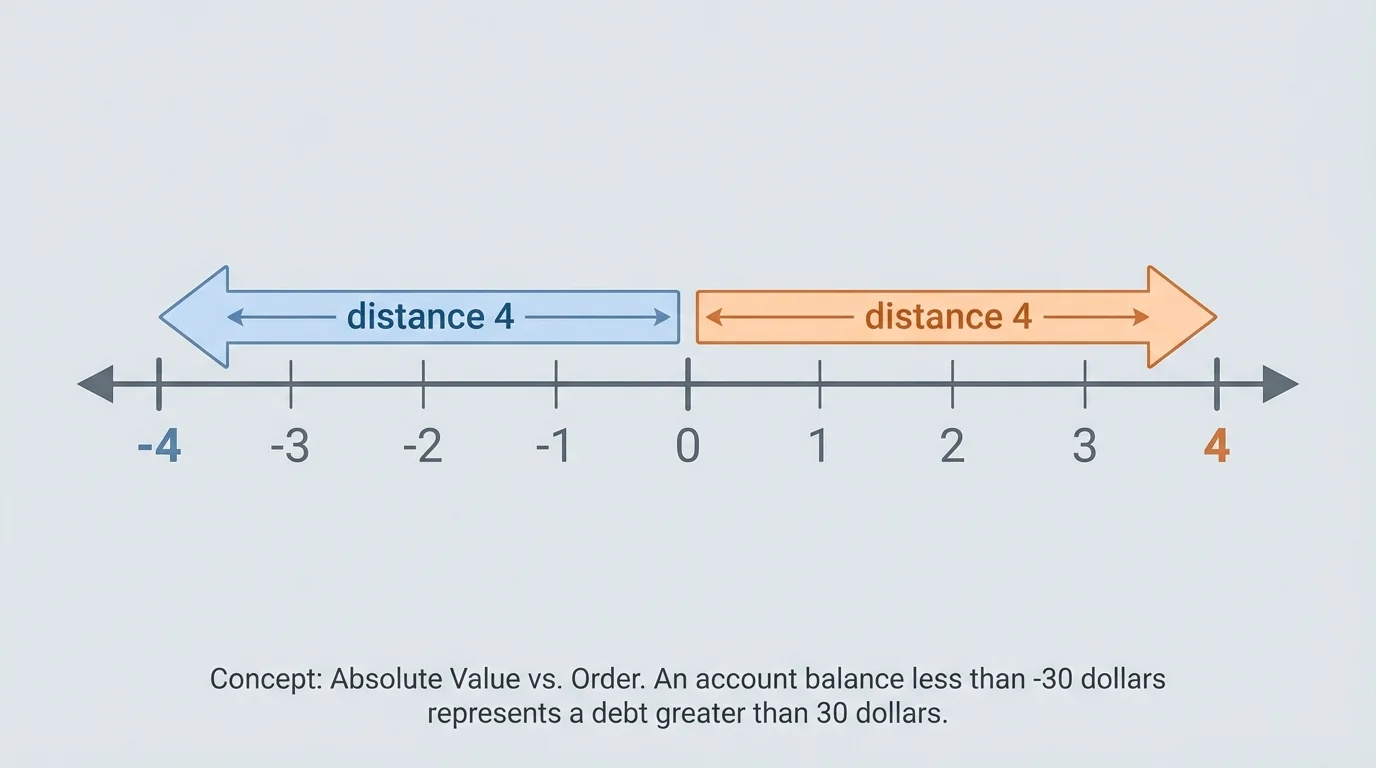 Number line with 0 at the center and arrows from 0 to -4 and from 0 to 4, both showing distance 4