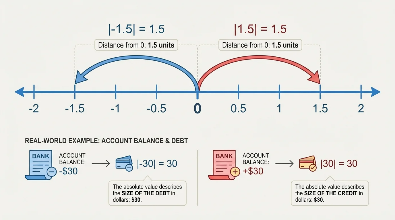 Number line labeled with -2, -1.5, -0.5, 0, 0.5, 1.5, and 2 showing distances of -1.5 and 1.5 from 0