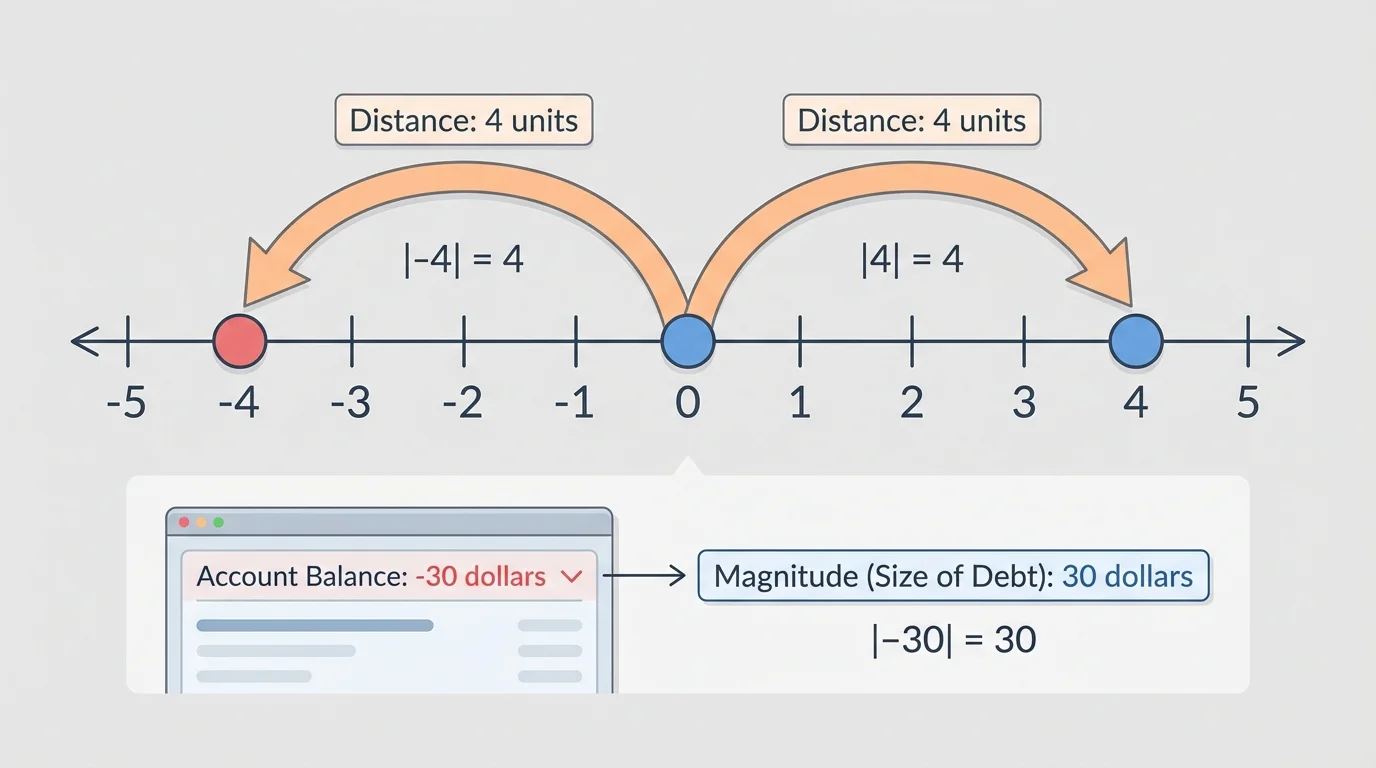 Number line from -5 to 5 showing -4 and 4 each 4 units from 0, with arrows marking equal distances