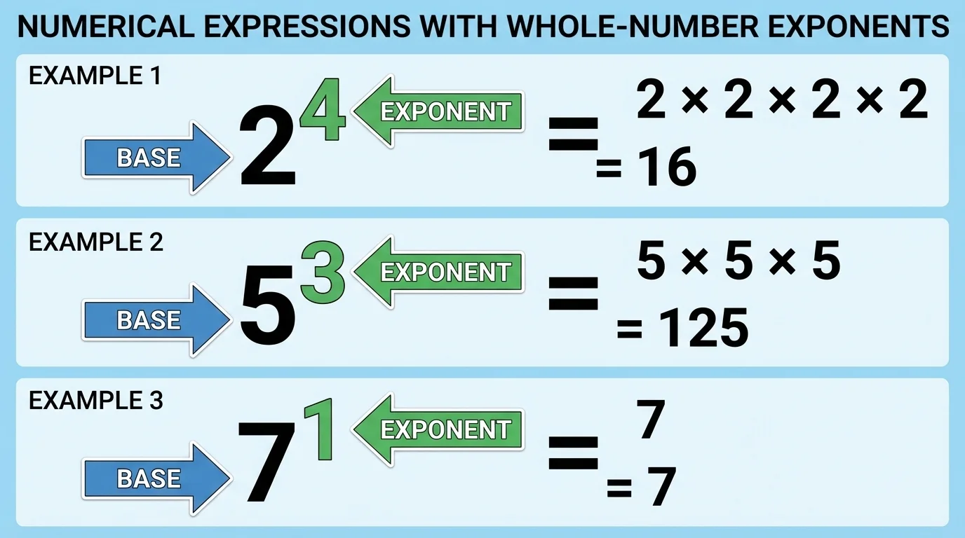 chart showing expressions like 2^4, 5^3, and 7^1 with arrows labeling base and exponent and matching repeated multiplication
