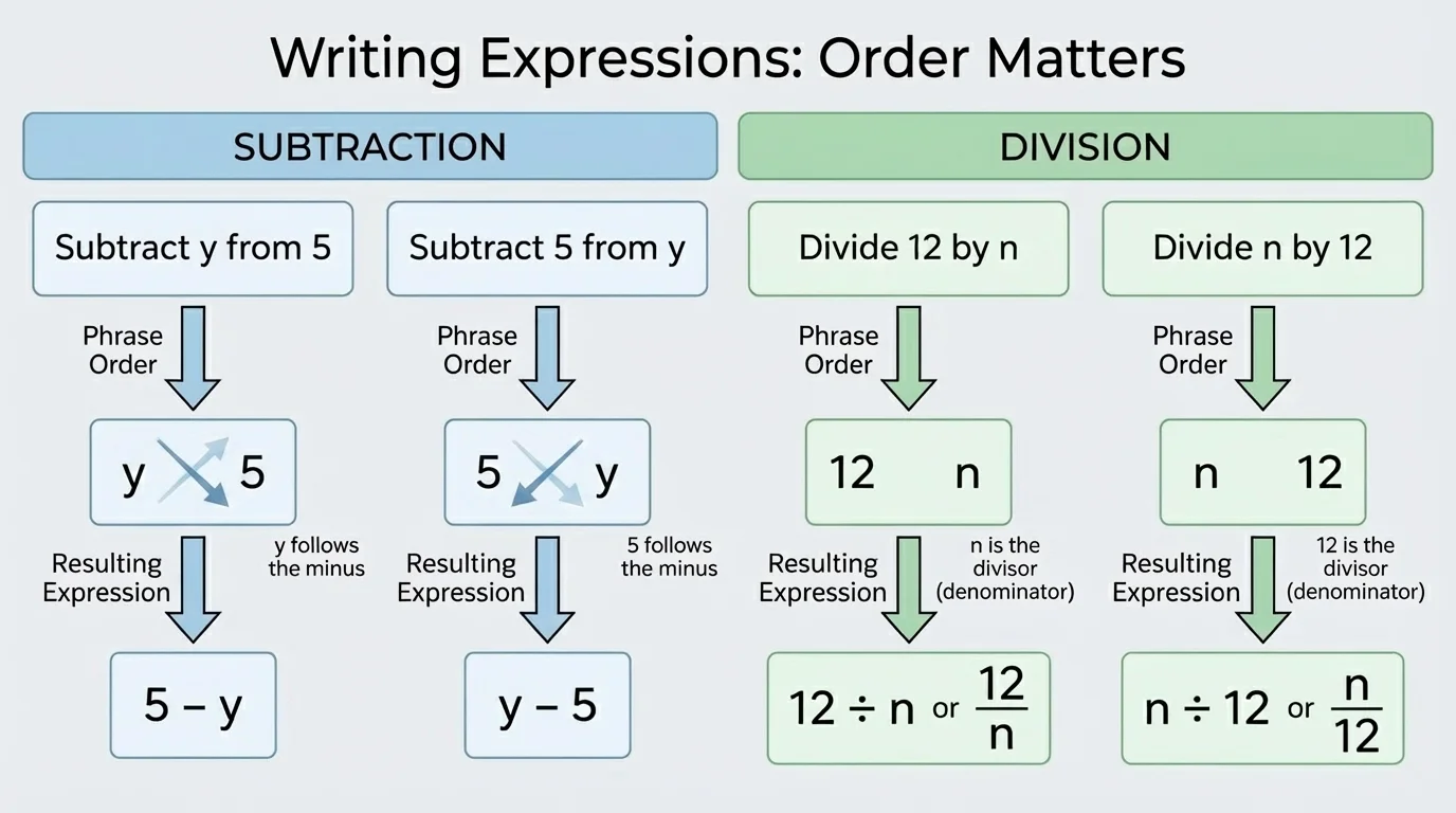 comparison diagram with arrows showing phrase order and resulting expressions for subtract y from 5 versus subtract 5 from y, and divide 12 by n versus divide n by 12