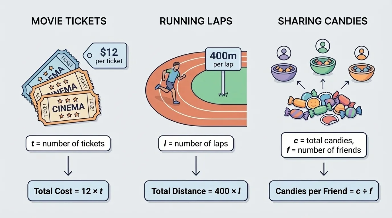 illustration with three mini-scenes showing movie tickets at a price per ticket, a runner completing laps on a track, and candies or stickers shared equally among friends, each linked to an algebraic expression