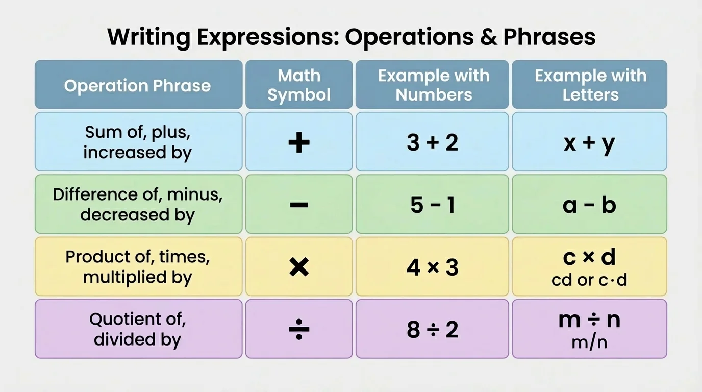 chart showing phrase examples such as sum of, difference of, product of, quotient of matched to addition, subtraction, multiplication, and division symbols